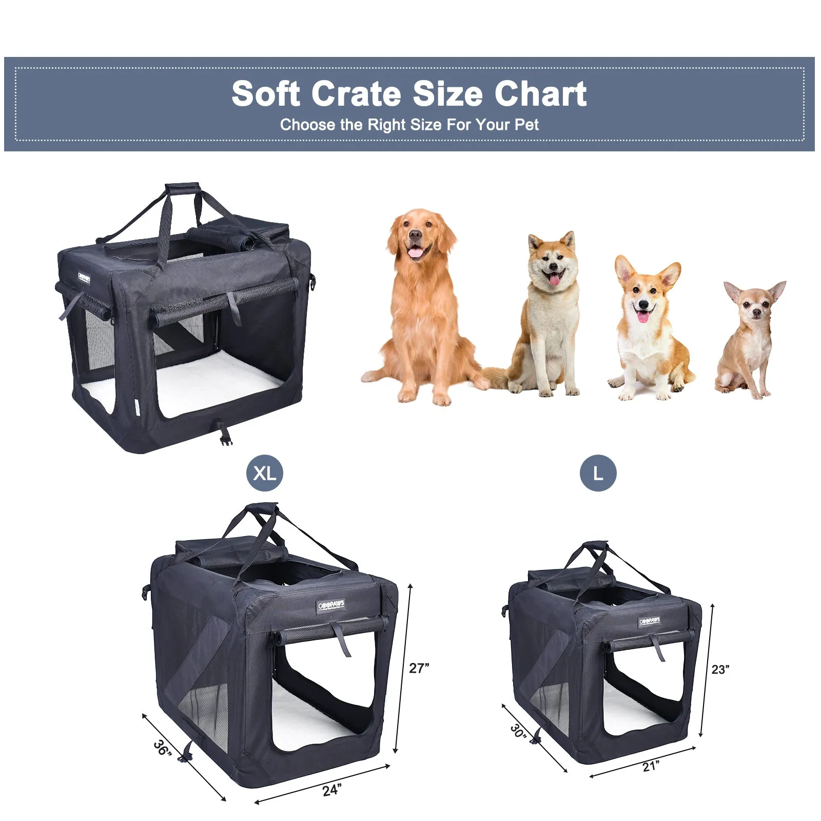 Jespet Indoor & Outdoor 3-Door Collapsible Soft-Sided Dog, Cat & Small Pet Crate Black, 36''