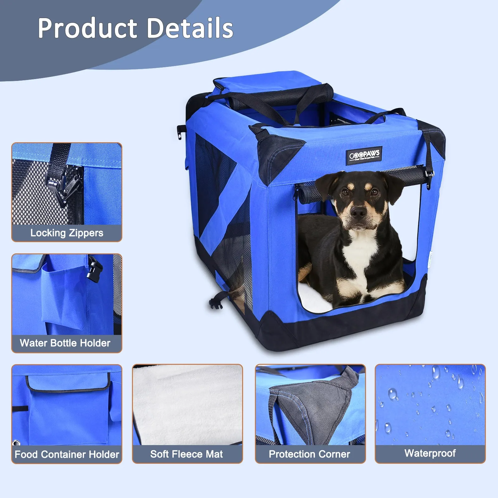 Jespet Indoor & Outdoor 3-Door Collapsible Soft-Sided Dog, Cat & Small Pet Crate, Blue, 36''