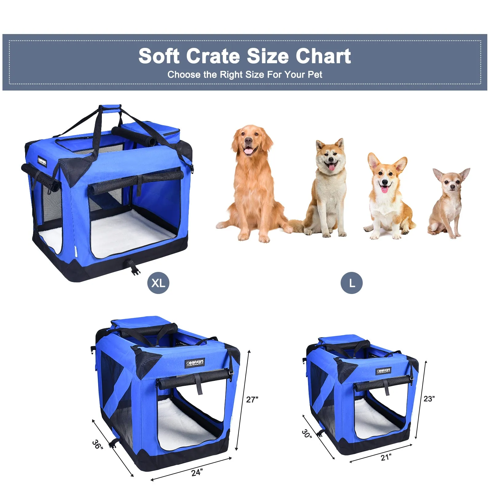 Jespet Indoor & Outdoor 3-Door Collapsible Soft-Sided Dog, Cat & Small Pet Crate, Blue, 36''