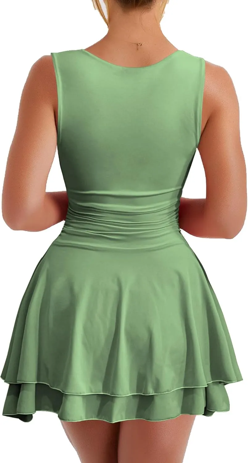 Kaximil Women's Square Neck Ruffle Hem Mini Dress Ruched Waist Short Party Dresses