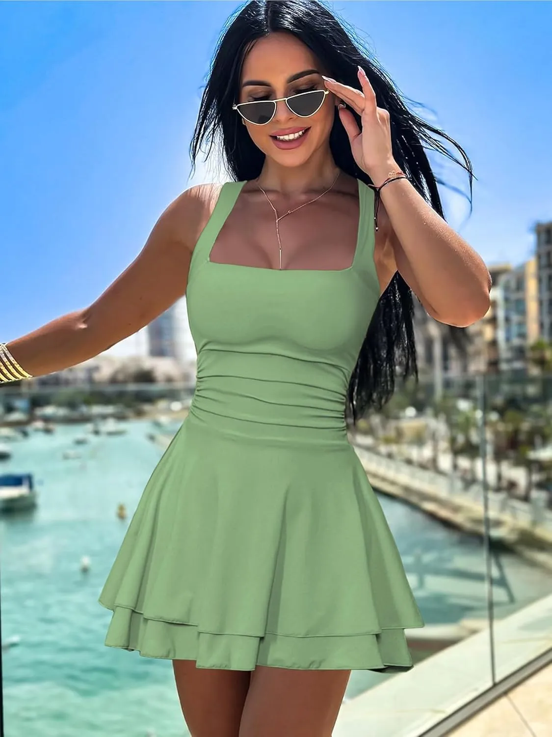 Kaximil Women's Square Neck Ruffle Hem Mini Dress Ruched Waist Short Party Dresses