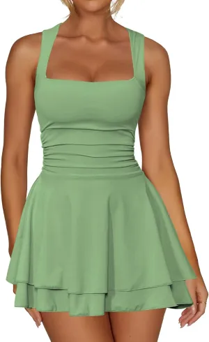Kaximil Women's Square Neck Ruffle Hem Mini Dress Ruched Waist Short Party Dresses