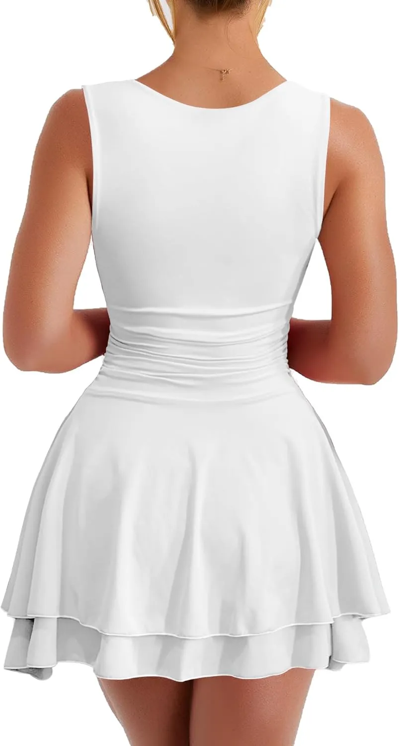 Kaximil Women's Square Neck Ruffle Hem Mini Dress Ruched Waist Short Party Dresses