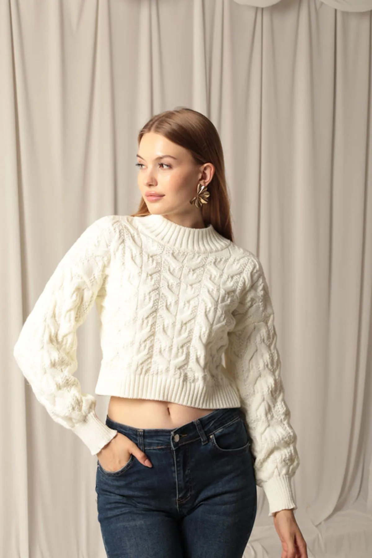 KKT Knitwear Fabric Knit Detailed Women's Ecru Sweater - Waltham