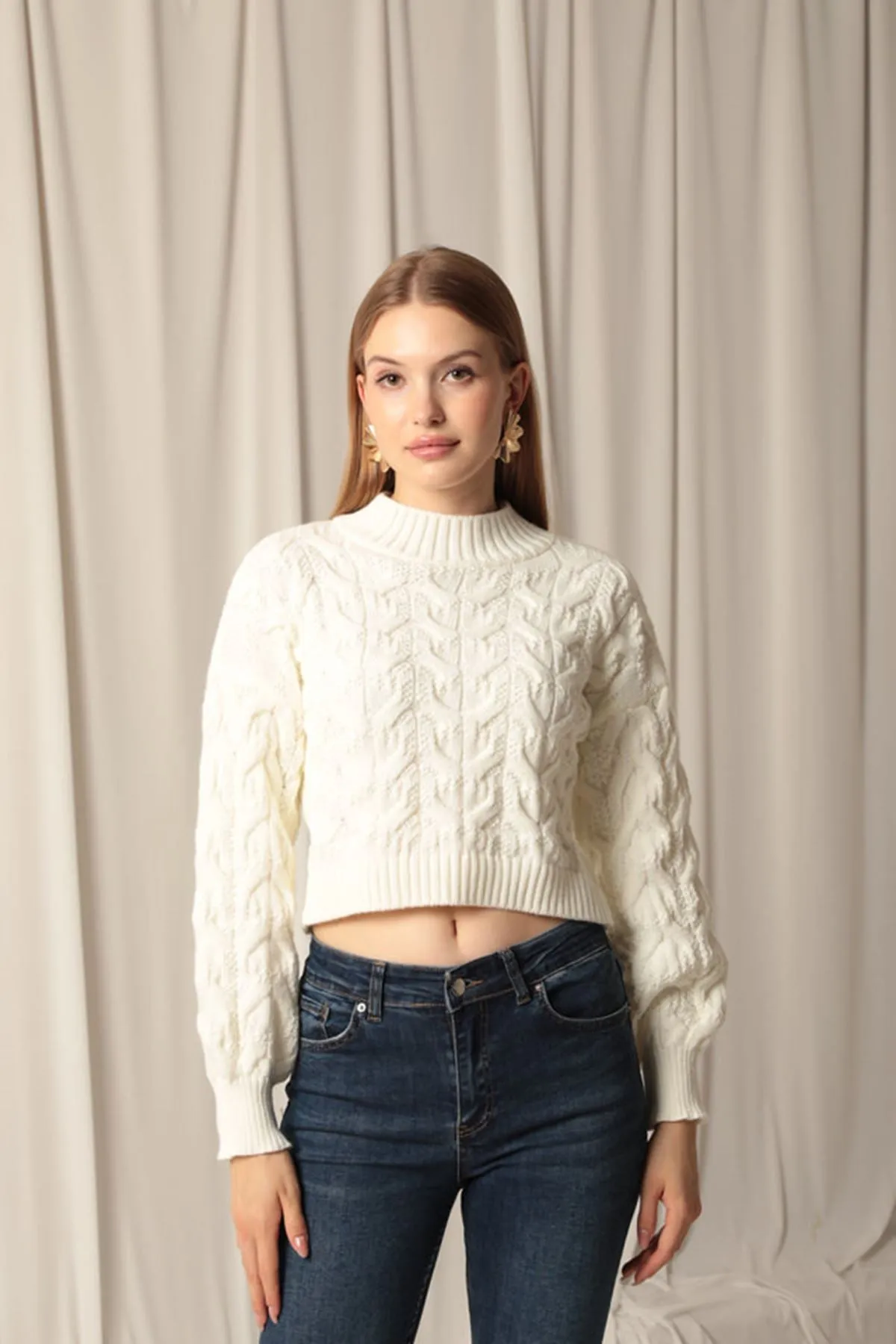 KKT Knitwear Fabric Knit Detailed Women's Ecru Sweater - Waltham