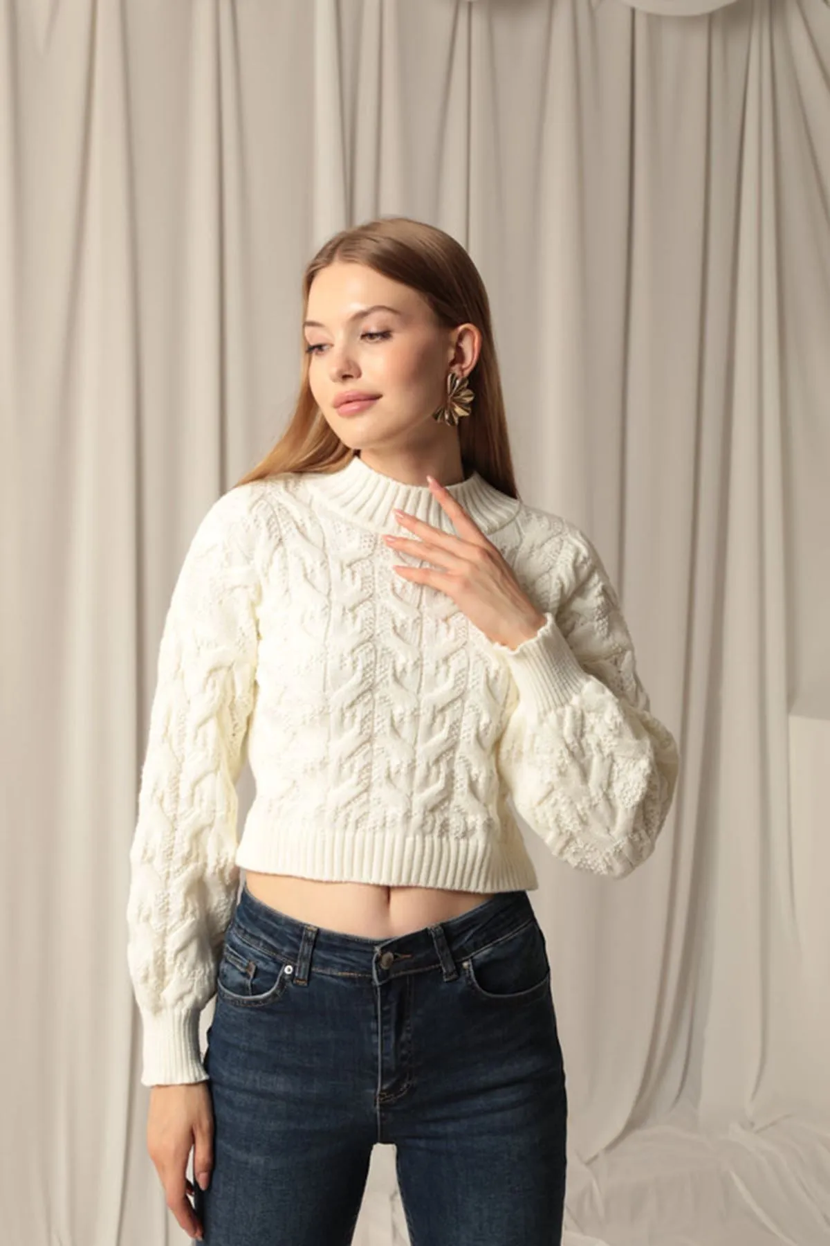 KKT Knitwear Fabric Knit Detailed Women's Ecru Sweater - Waltham