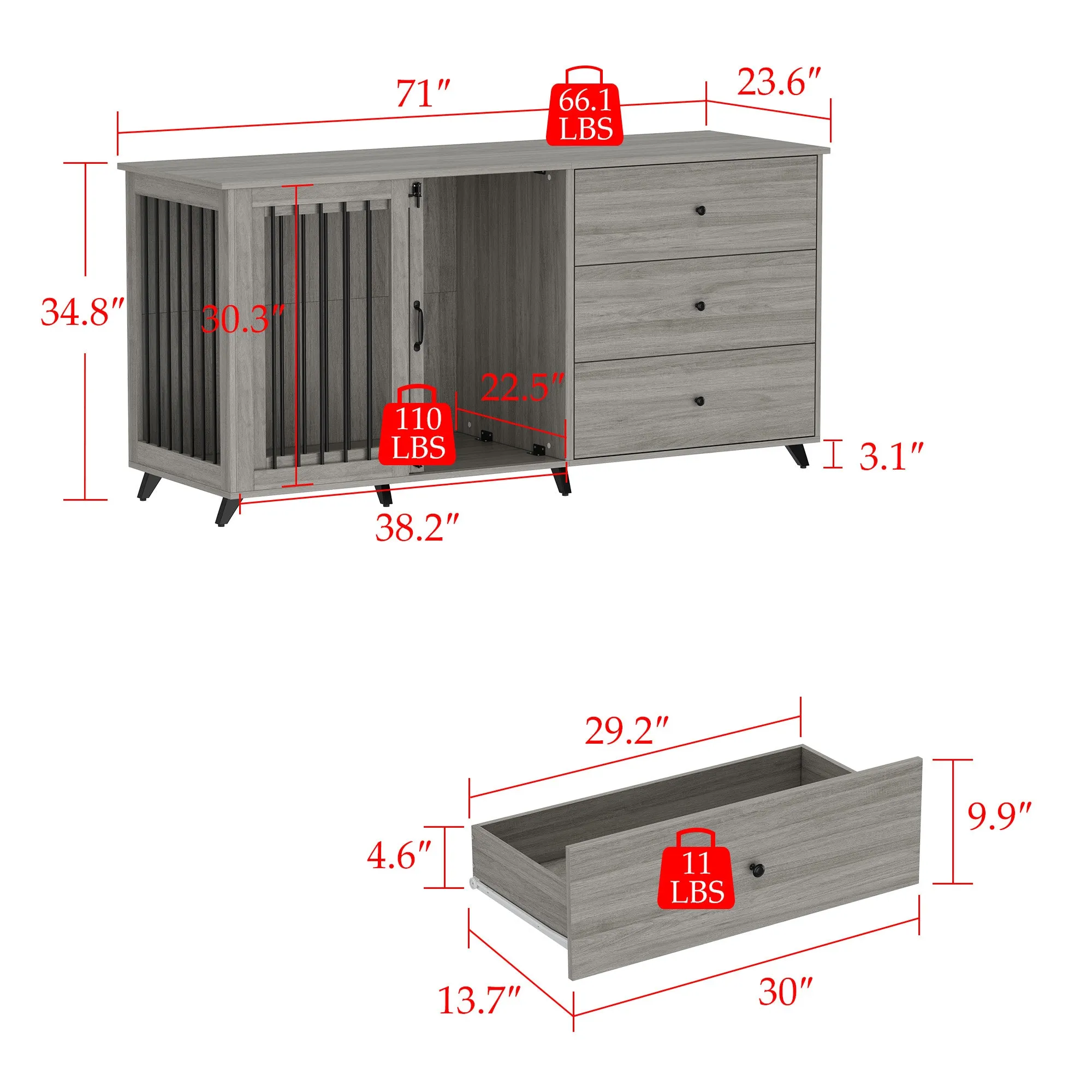 Large Dog Crate with 3 Large Drawers