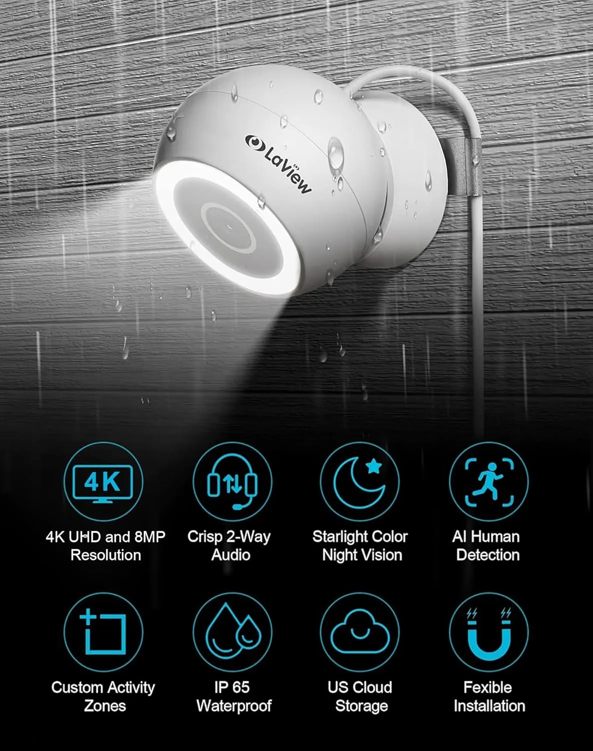 LaView 8MP 4K Security Cameras Outdoor Indoor Wired,IP65, Starlight Sensor & 100 Ft Night Vision,Motion/Person Detection,2-Way Audio/Spotlight,US Cloud,iOS & Android & Web Access