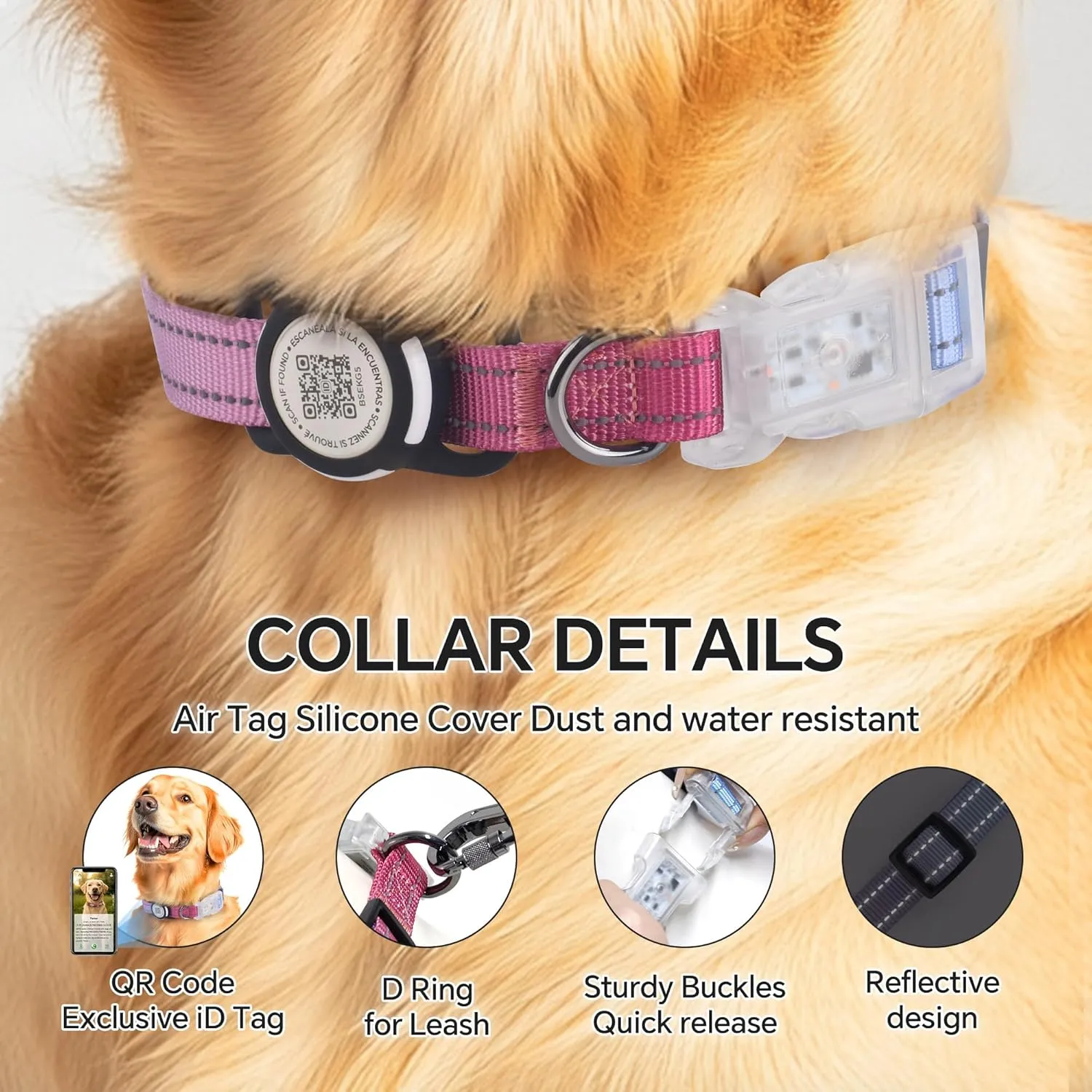 LED Smart QR Code Dog Collar - Lost at Night Collar Showing Details of Owner and pet - Durable, Adjustable, Soft - Rose red Suitable for Small, Medium and Large Dogs
