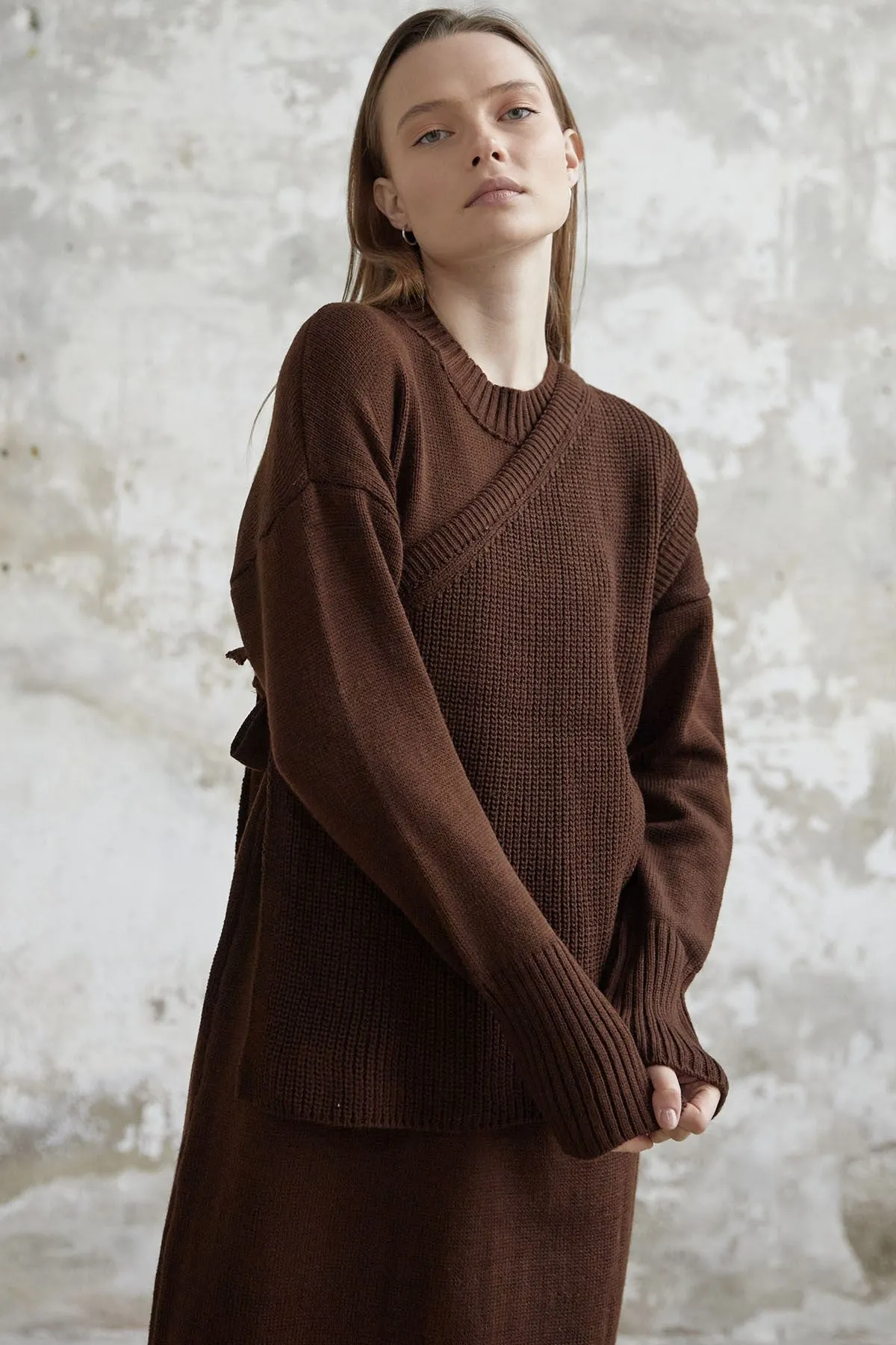 MDS Women Knitted Dress with Belted Sweater - Bitter Brown - Florence