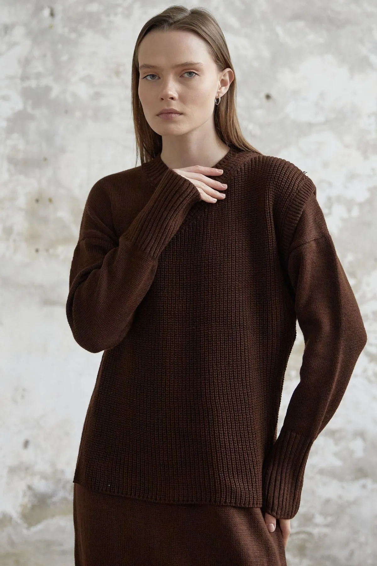 MDS Women Knitted Dress with Belted Sweater - Bitter Brown - Florence