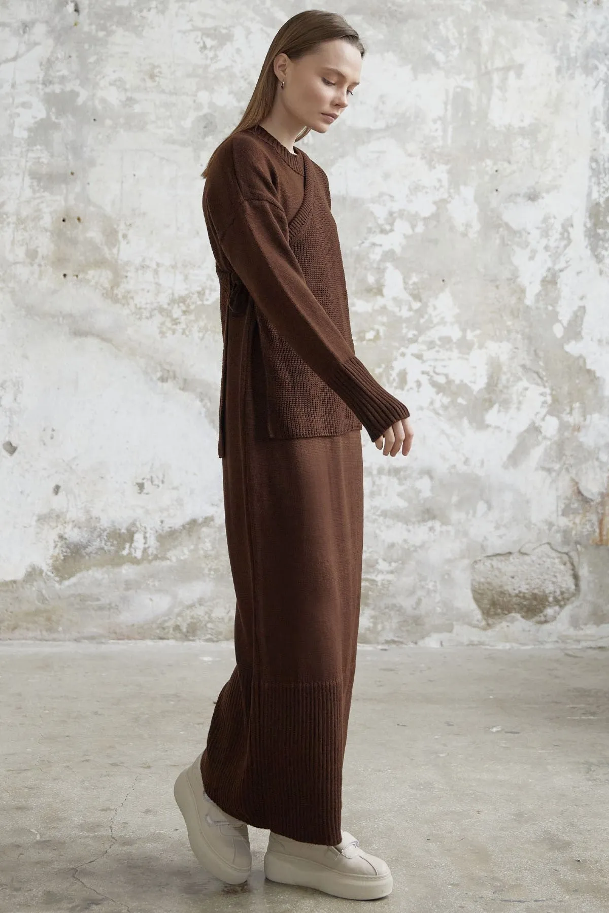 MDS Women Knitted Dress with Belted Sweater - Bitter Brown - Florence