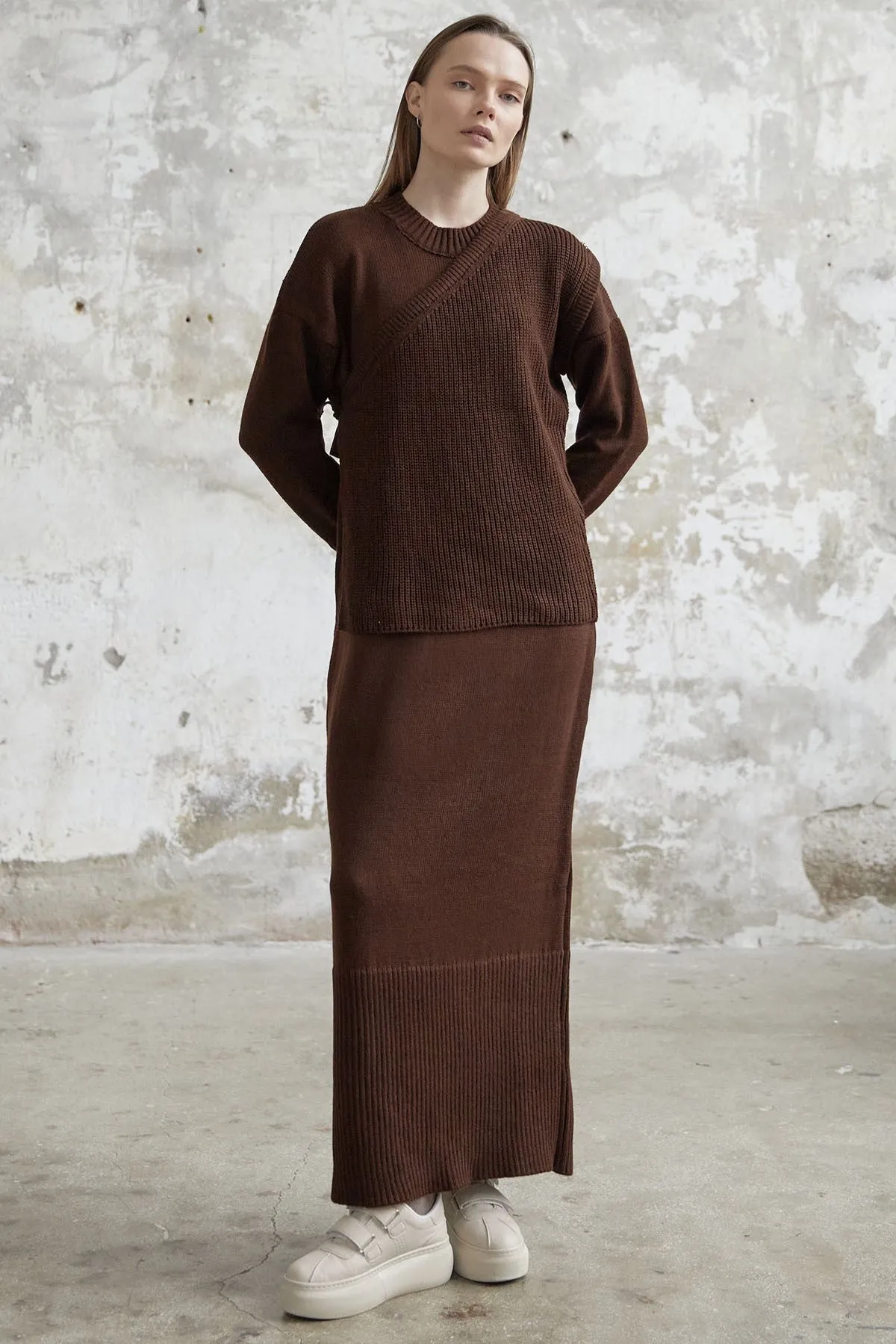 MDS Women Knitted Dress with Belted Sweater - Bitter Brown - Florence