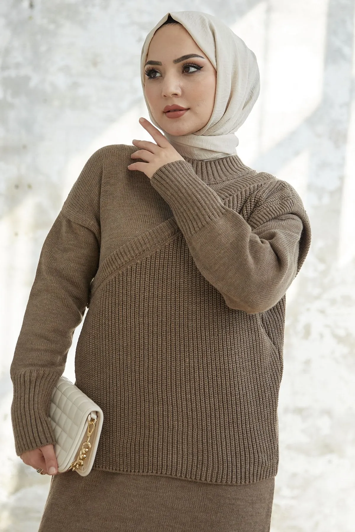 MDS Women Knitted Dress with Belted Sweater - Milky Coffee - Augsburg