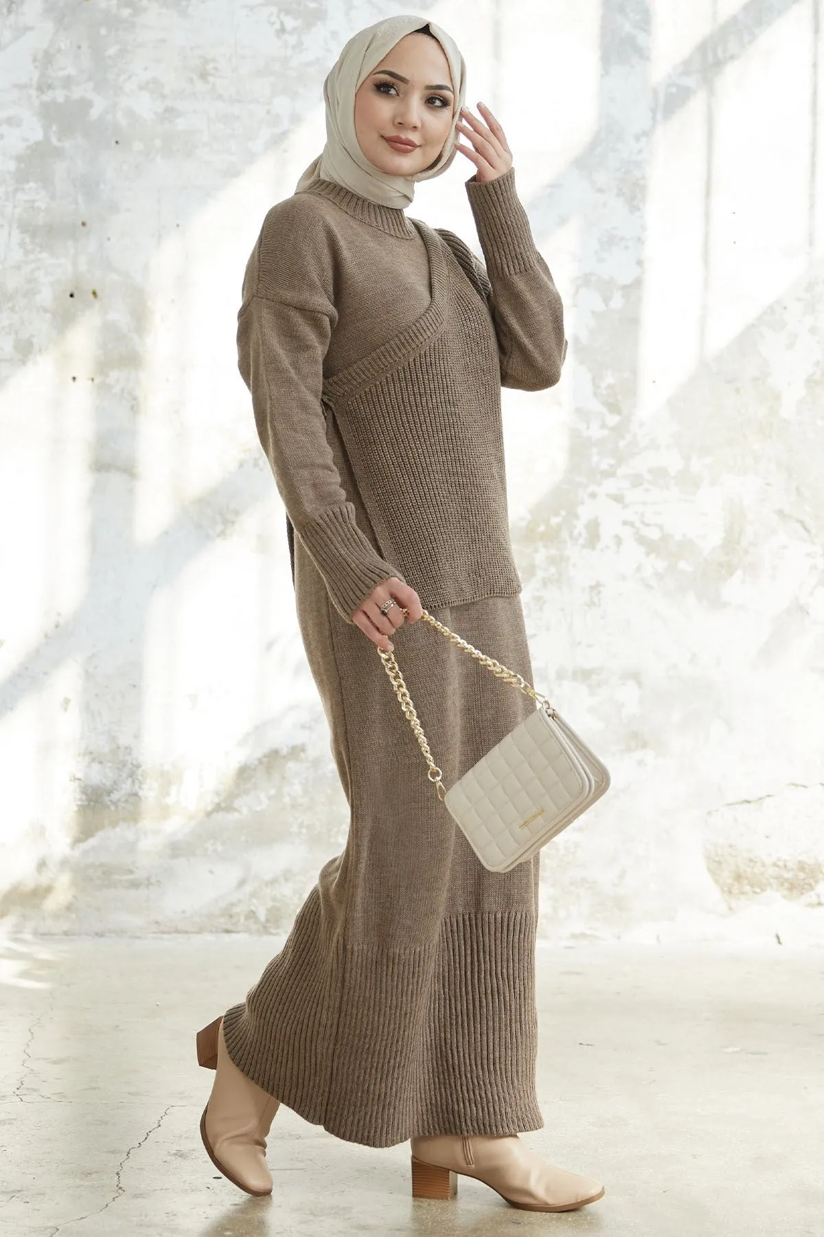 MDS Women Knitted Dress with Belted Sweater - Milky Coffee - Augsburg