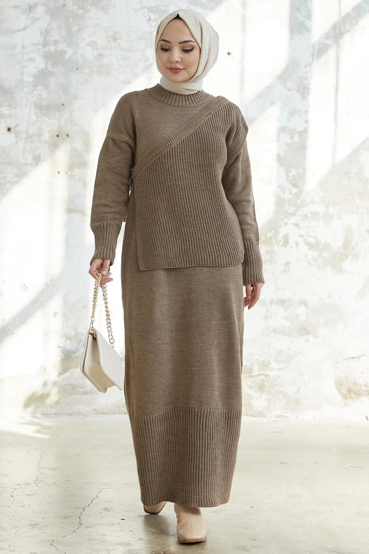 MDS Women Knitted Dress with Belted Sweater - Milky Coffee - Augsburg