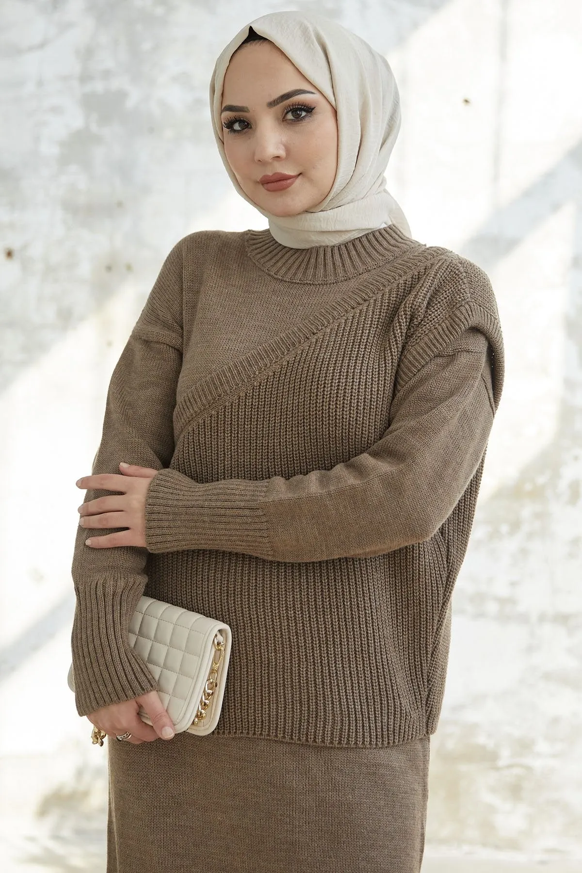 MDS Women Knitted Dress with Belted Sweater - Milky Coffee - Augsburg