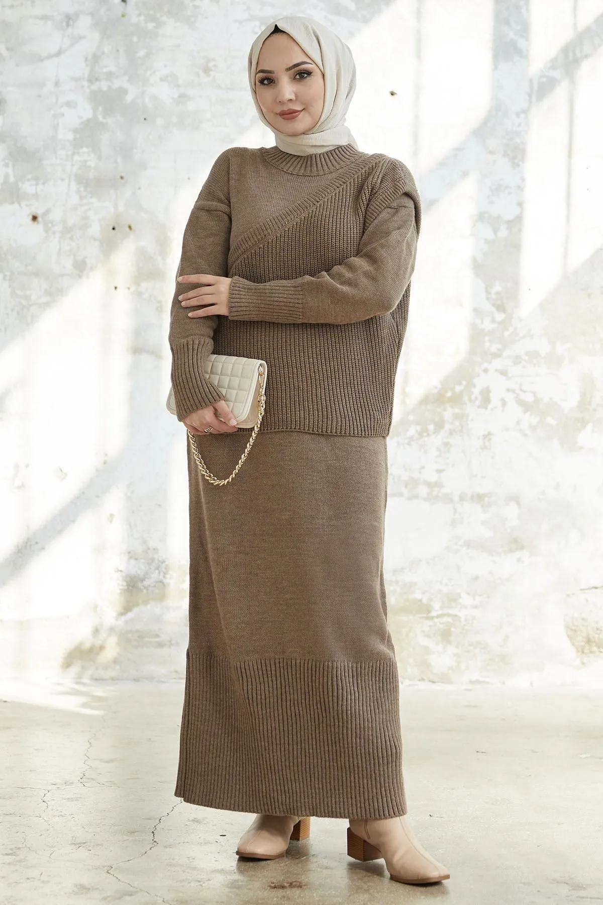 MDS Women Knitted Dress with Belted Sweater - Milky Coffee - Augsburg