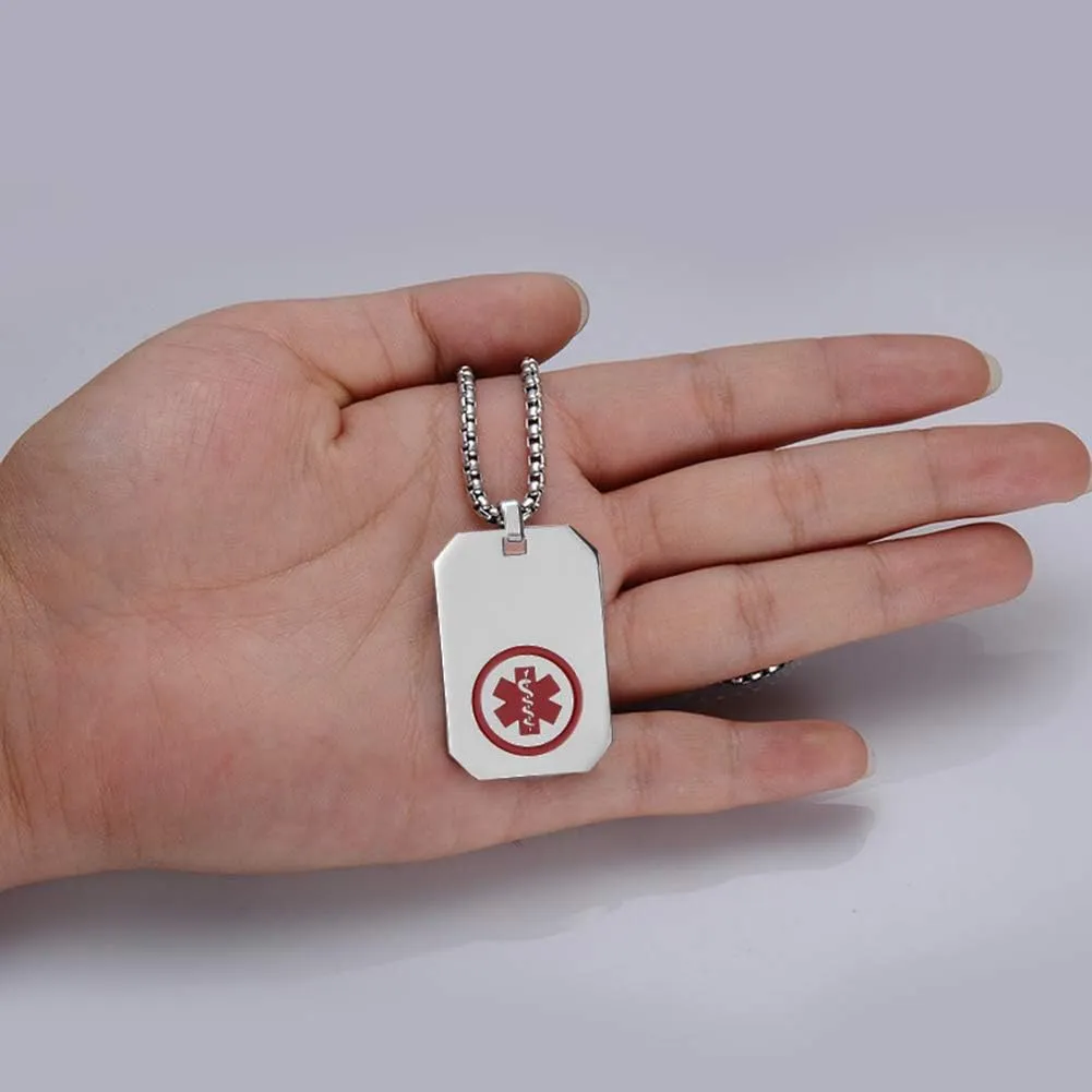 Medical Alert Necklace Stainless Steel Emergency ID Dog Tag Pendant for Men Women 24-28 Inches (Free Engraving)