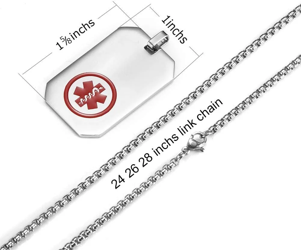 Medical Alert Necklace Stainless Steel Emergency ID Dog Tag Pendant for Men Women 24-28 Inches (Free Engraving)