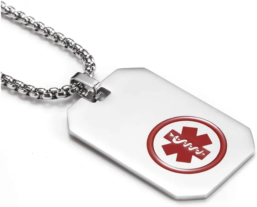 Medical Alert Necklace Stainless Steel Emergency ID Dog Tag Pendant for Men Women 24-28 Inches (Free Engraving)