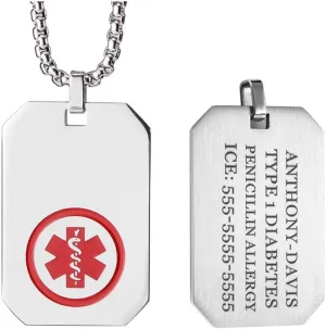 Medical Alert Necklace Stainless Steel Emergency ID Dog Tag Pendant for Men Women 24-28 Inches (Free Engraving)