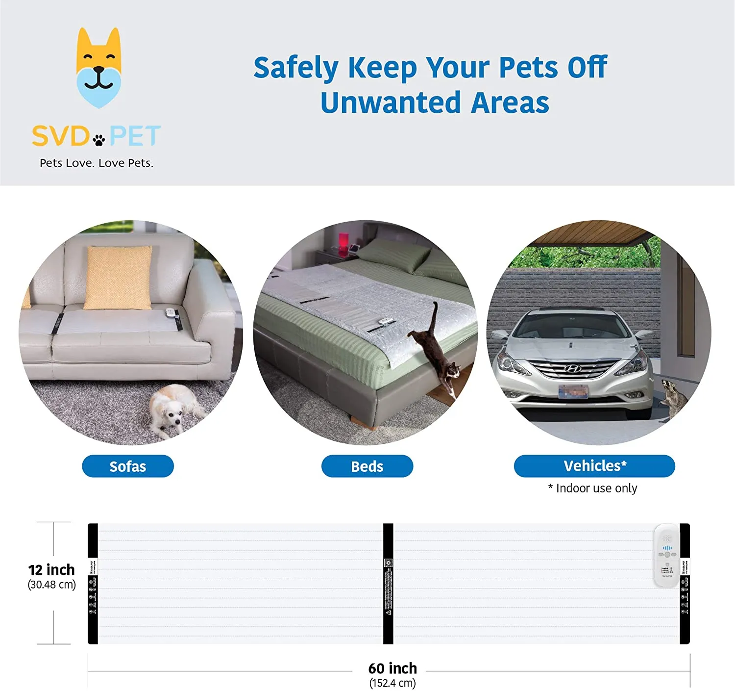New SVD.PET Pet Training Mat, 60" X 12", Pet Shock Pad, Dogs & Cats Electronic Repellent scat mat for Indoor, 3 Training Modes, 5 Levels, Pet Safe Auto Power Off, Keep Dog Off Couch