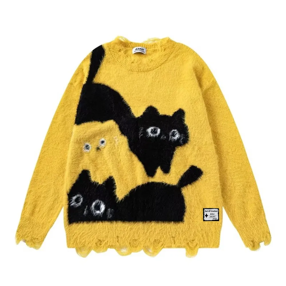 OOC' Cute Cat Pattern Ripped Knitted Sweater