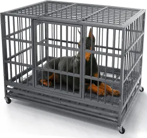Otaid 48 Inch Heavy Duty Indestructible Cage Kennel with Wheels, High Anxiety Dog Crate, Sturdy Locks Design, Double Door and Removable Tray, Extra Large Dog Crate, Silver
