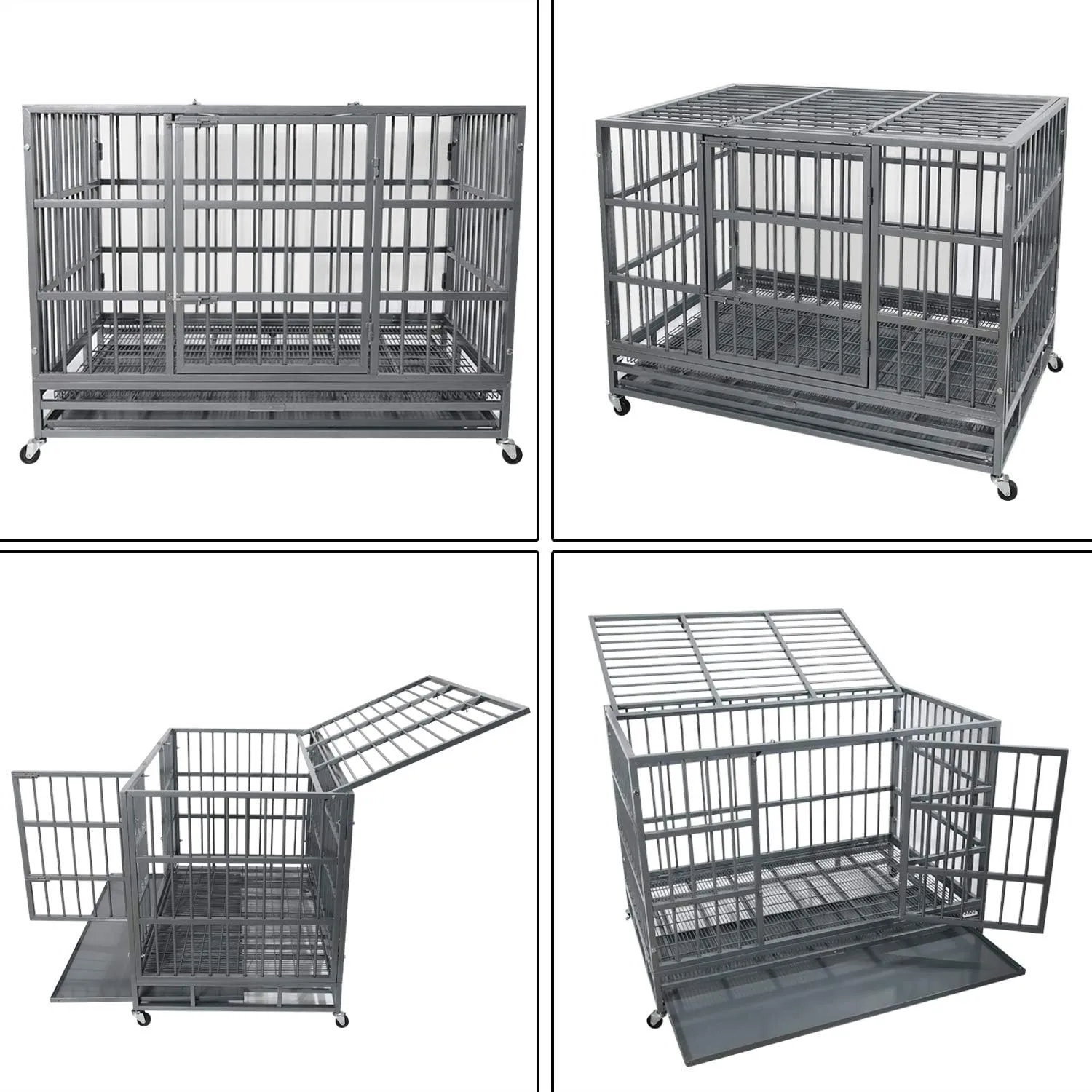 Otaid 48 Inch Heavy Duty Indestructible Cage Kennel with Wheels, High Anxiety Dog Crate, Sturdy Locks Design, Double Door and Removable Tray, Extra Large Dog Crate, Silver