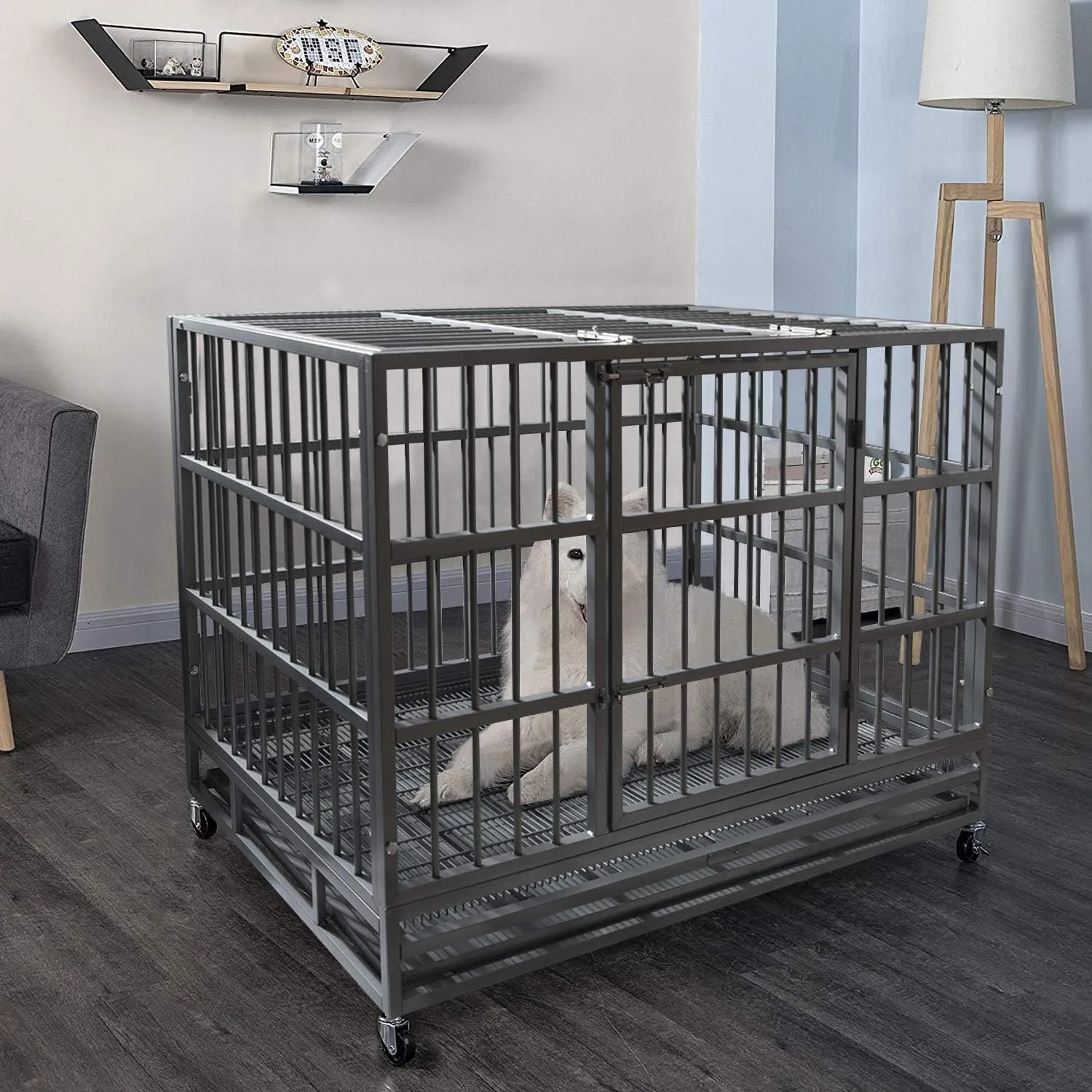 Otaid 48 Inch Heavy Duty Indestructible Cage Kennel with Wheels, High Anxiety Dog Crate, Sturdy Locks Design, Double Door and Removable Tray, Extra Large Dog Crate, Silver