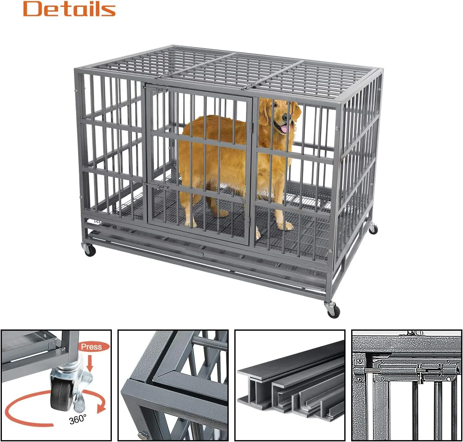 Otaid 48 Inch Heavy Duty Indestructible Cage Kennel with Wheels, High Anxiety Dog Crate, Sturdy Locks Design, Double Door and Removable Tray, Extra Large Dog Crate, Silver