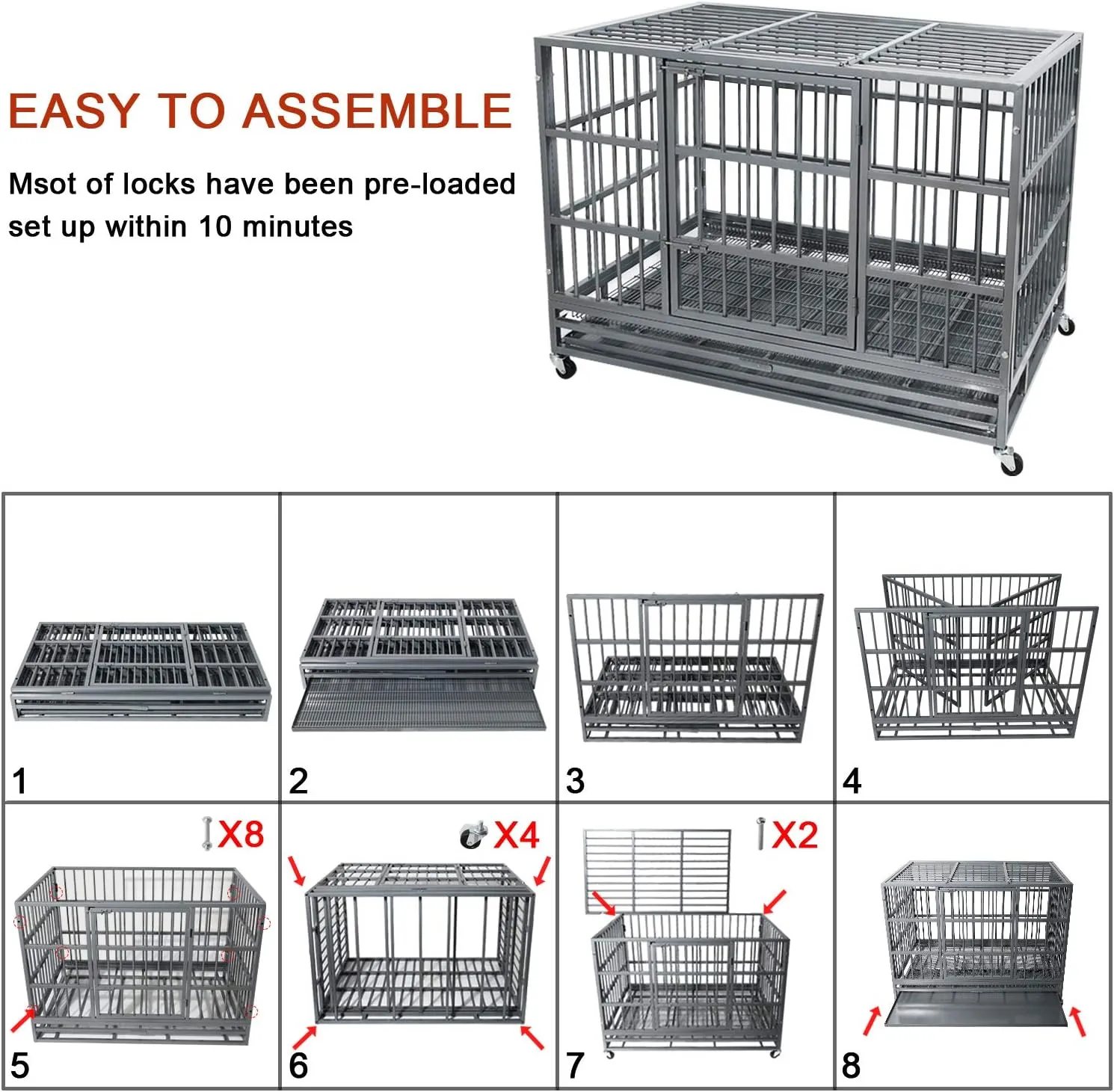 Otaid 48 Inch Heavy Duty Indestructible Cage Kennel with Wheels, High Anxiety Dog Crate, Sturdy Locks Design, Double Door and Removable Tray, Extra Large Dog Crate, Silver