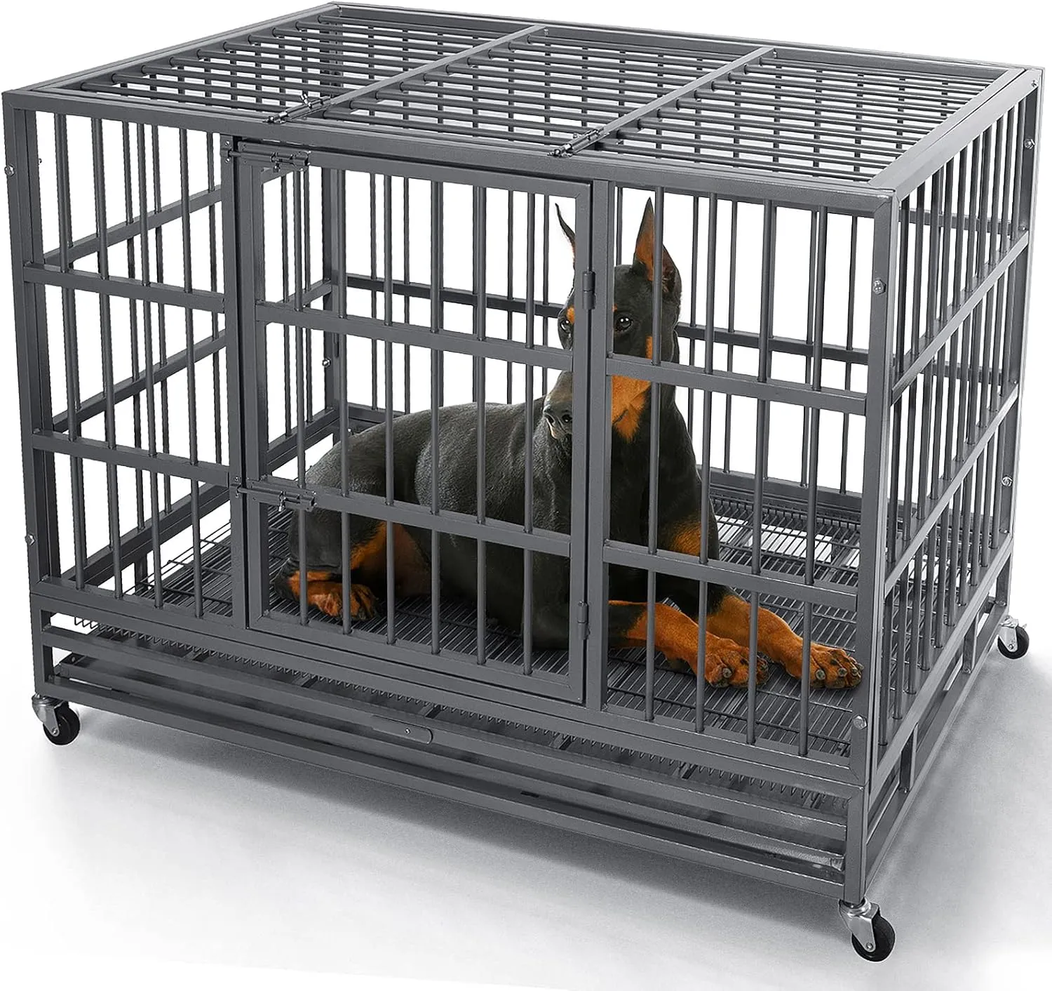 Otaid 48 Inch Heavy Duty Indestructible Cage Kennel with Wheels, High Anxiety Dog Crate, Sturdy Locks Design, Double Door and Removable Tray, Extra Large Dog Crate, Silver