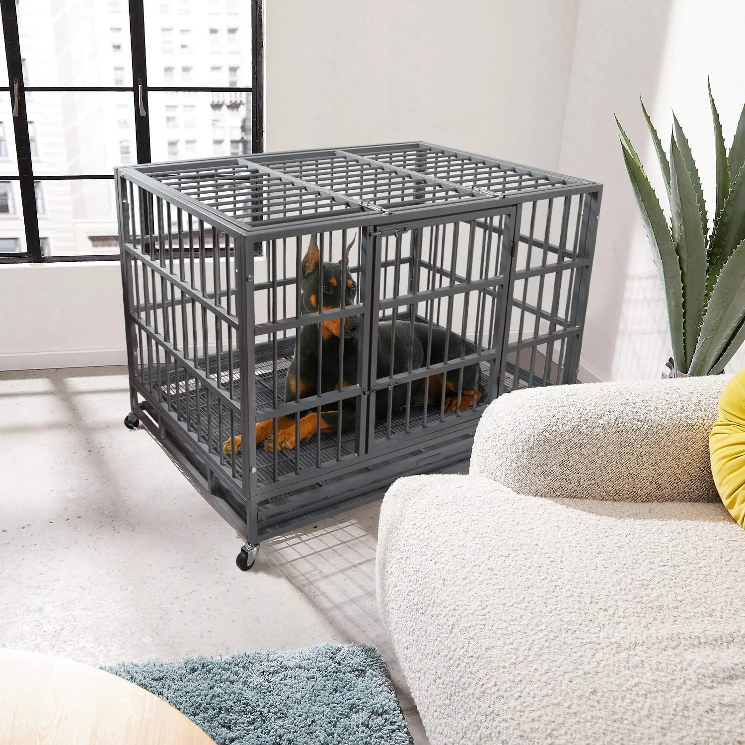 Otaid 48 Inch Heavy Duty Indestructible Cage Kennel with Wheels, High Anxiety Dog Crate, Sturdy Locks Design, Double Door and Removable Tray, Extra Large Dog Crate, Silver