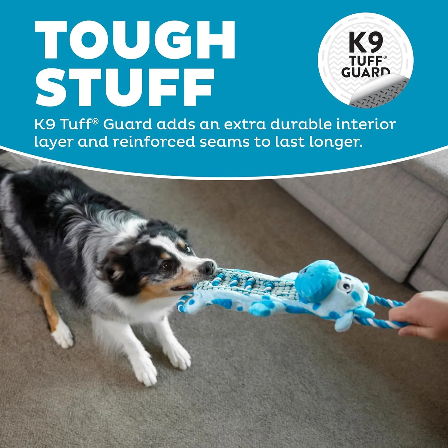 Outward Hound by Charming Pet Ropiez Rope Interactive Dog Tug Toy for Tugging Squeaky Fun, Cow, Blue