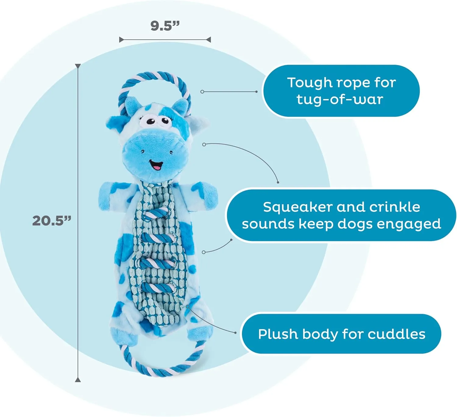 Outward Hound by Charming Pet Ropiez Rope Interactive Dog Tug Toy for Tugging Squeaky Fun, Cow, Blue