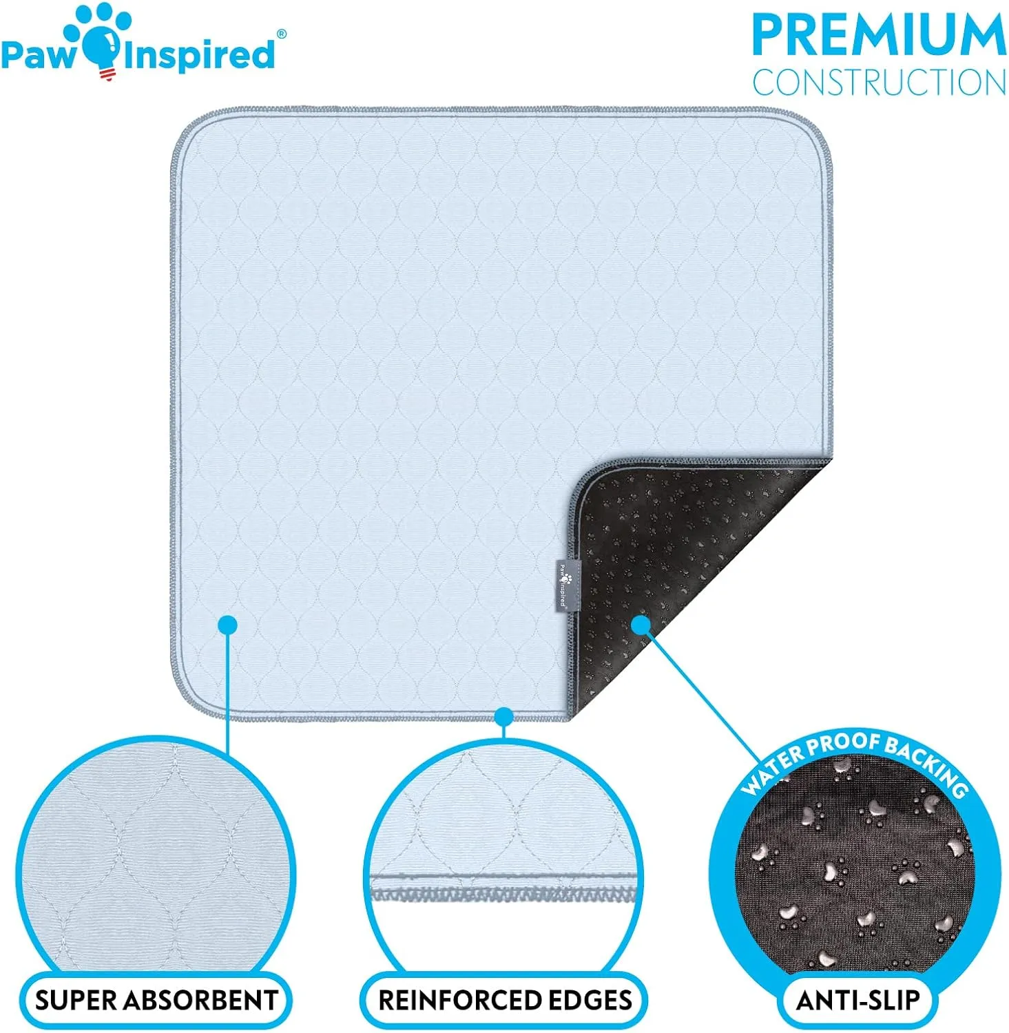 Paw Inspired Washable Pee Pads for Dogs (2 Pack) | Leakproof, Non-Slip Reusable Puppy Pads for Potty Training, Whelping, Waterproof Mat (34x36 Size, Pack of 2)