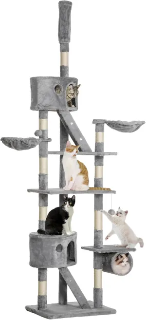 PawHut Floor to Ceiling Cat Tree, 94.5-102.5 inch Adjustable Height Cat Climbing Tower with Scratching Posts, Condos, Hammocks, Tubes, Ladders, Platforms, Dangling Balls for Indoor Kittens, Light Gray