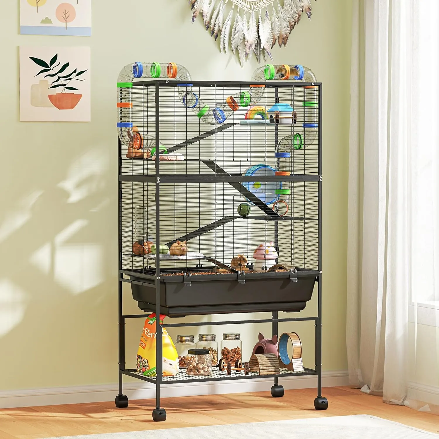 PawHut Hamster Cage with Deep Tray, 5 Tier Rolling Rat Cage with Storage Shelf, Big Exercise Wheel, Tube System, Hut, Platforms, Ramps, Food Dish, Water Bottle, for Syrian, Gerbil, Mouse