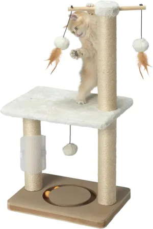 PEEKAB Cat Scratching Post 31in Tall Sisal Scratch Posts with Perch Tracking Interatcive Toys Vertical Scratcher for Indoor Cats and Kittens,Three Hanging Ball Self Massage Brush Beige