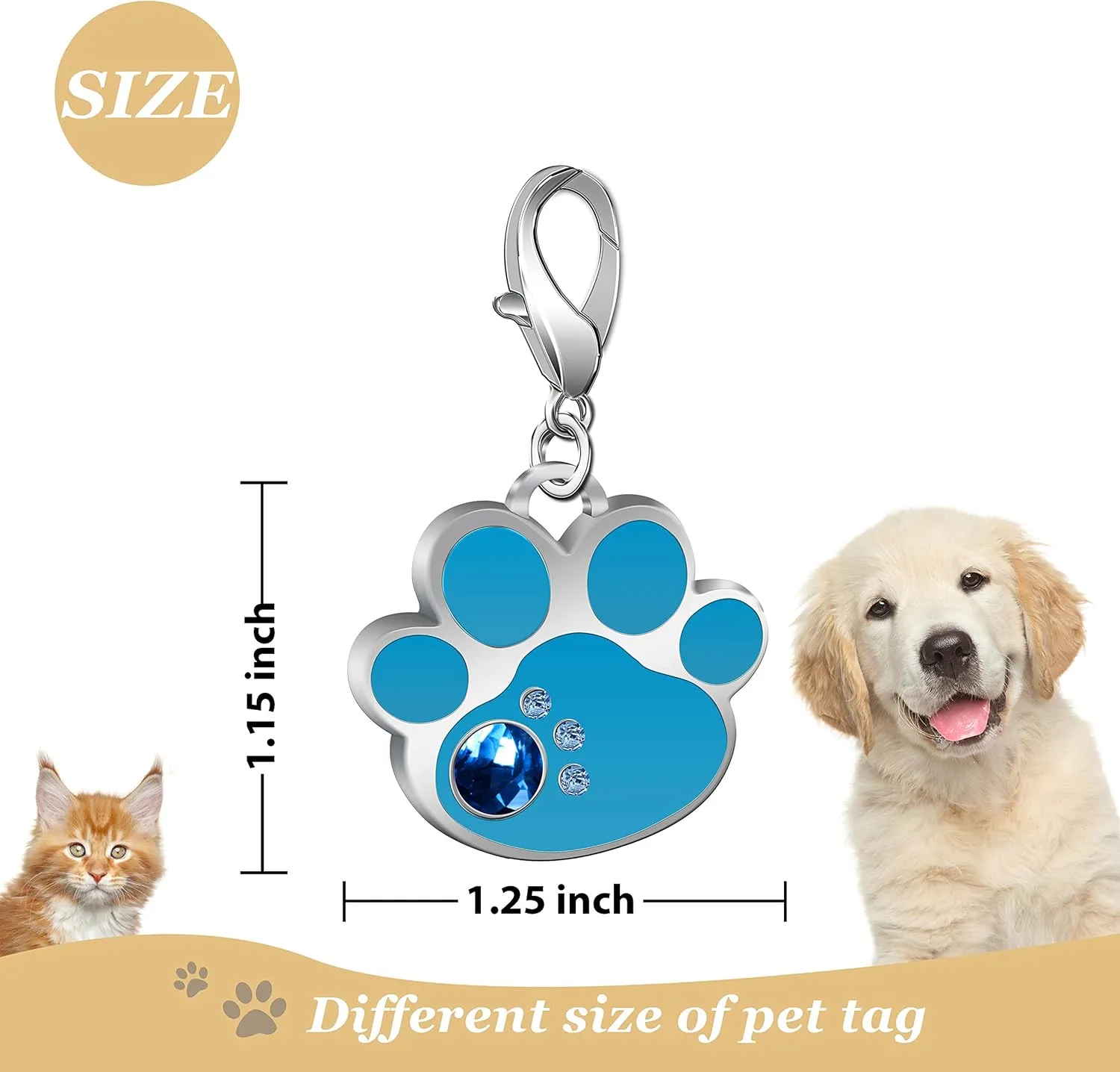 Personalized Engraved Stainless Steel Pet ID Silent Tag,Bone and Paw Shape Dog Tags & Cat Tags with Crystals (Blue, Paw Shape)
