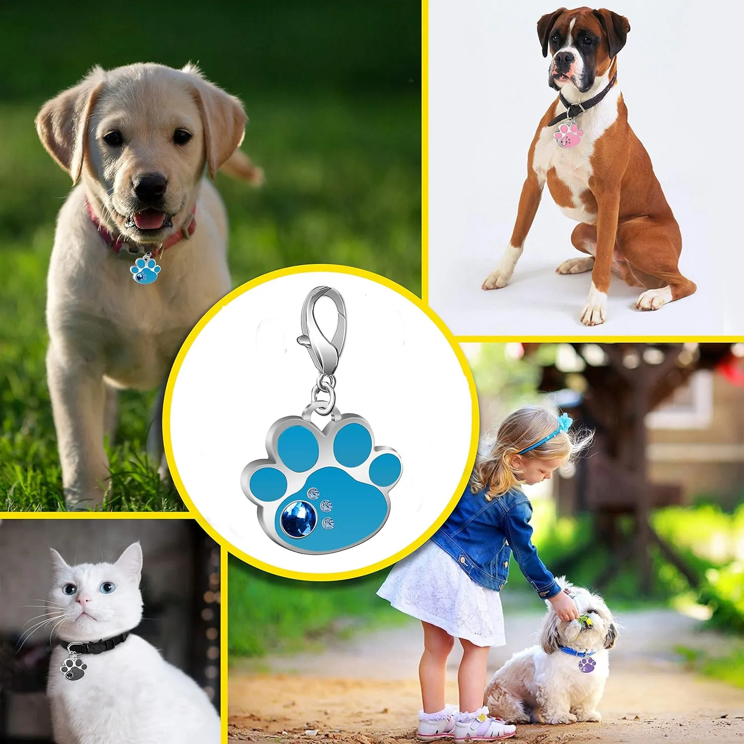Personalized Engraved Stainless Steel Pet ID Silent Tag,Bone and Paw Shape Dog Tags & Cat Tags with Crystals (Blue, Paw Shape)