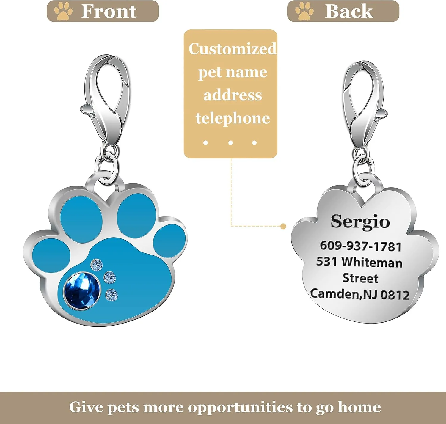 Personalized Engraved Stainless Steel Pet ID Silent Tag,Bone and Paw Shape Dog Tags & Cat Tags with Crystals (Blue, Paw Shape)