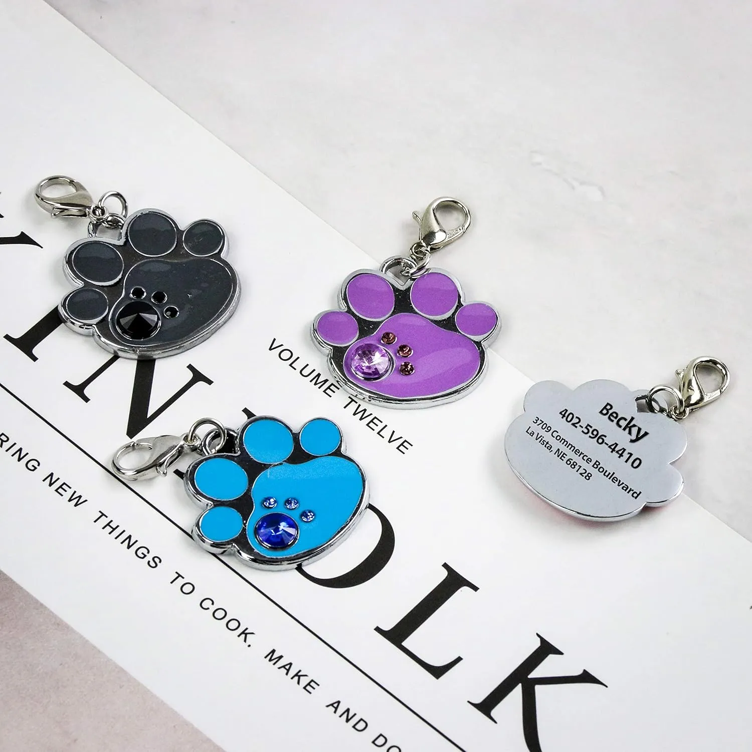 Personalized Engraved Stainless Steel Pet ID Silent Tag,Bone and Paw Shape Dog Tags & Cat Tags with Crystals (Blue, Paw Shape)