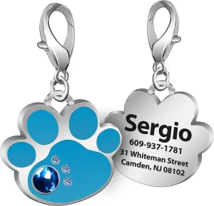 Personalized Engraved Stainless Steel Pet ID Silent Tag,Bone and Paw Shape Dog Tags & Cat Tags with Crystals (Blue, Paw Shape)