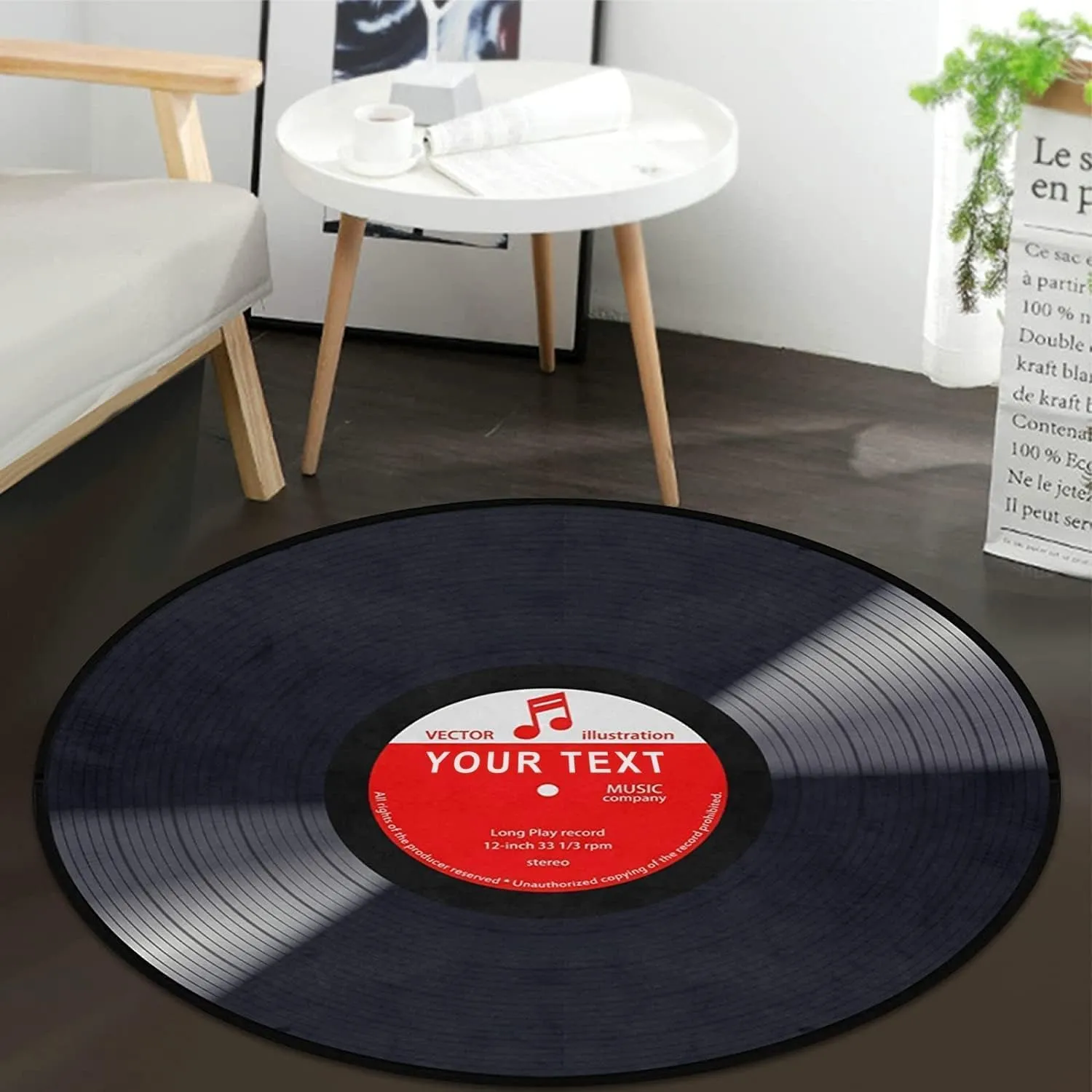 Personalized Music Record Black Round Area Rug Custom Text Name Doormat Non-Slip Floor Mat DIY Text Round Area Rug Carpet for Bedroom Living Room Study Playing Carpet,3 ft
