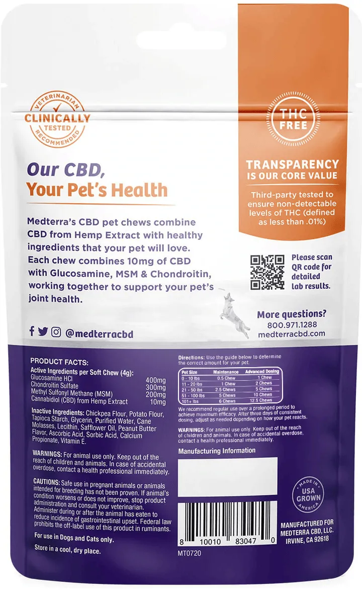 Pet CBD Joint Support Chews, Peanut Butter, 300mg, 30ct
