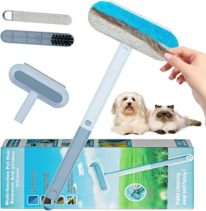 Pet Hair Remover 4 in 1- Reusable Long Handle Dog Hair Remover Brush, Washable Lint Brush Cat Hair Remover for Furniture,Clothes,Bedding,Car,Window,Better Than Lint Rollers,2 Pcs Carpet Scraper