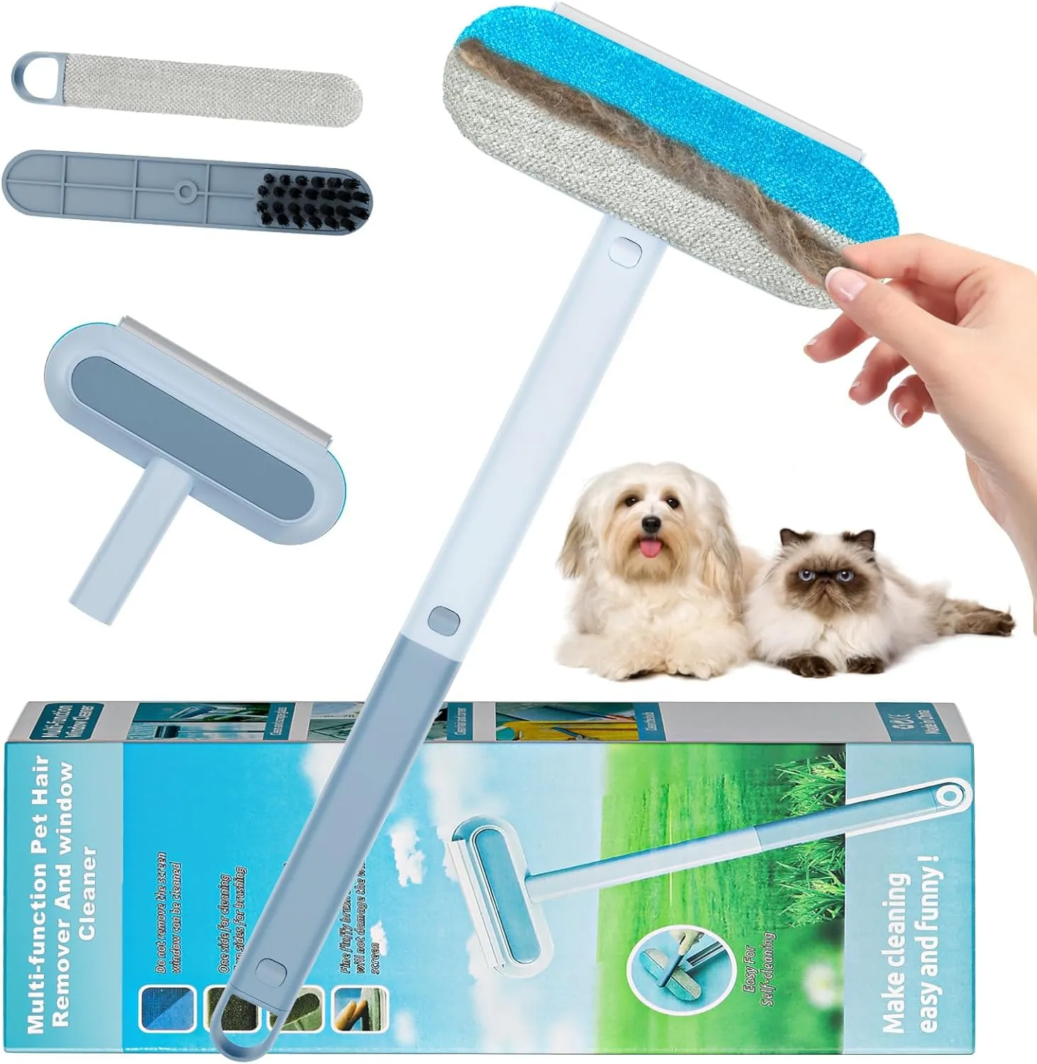 Pet Hair Remover 4 in 1- Reusable Long Handle Dog Hair Remover Brush, Washable Lint Brush Cat Hair Remover for Furniture,Clothes,Bedding,Car,Window,Better Than Lint Rollers,2 Pcs Carpet Scraper